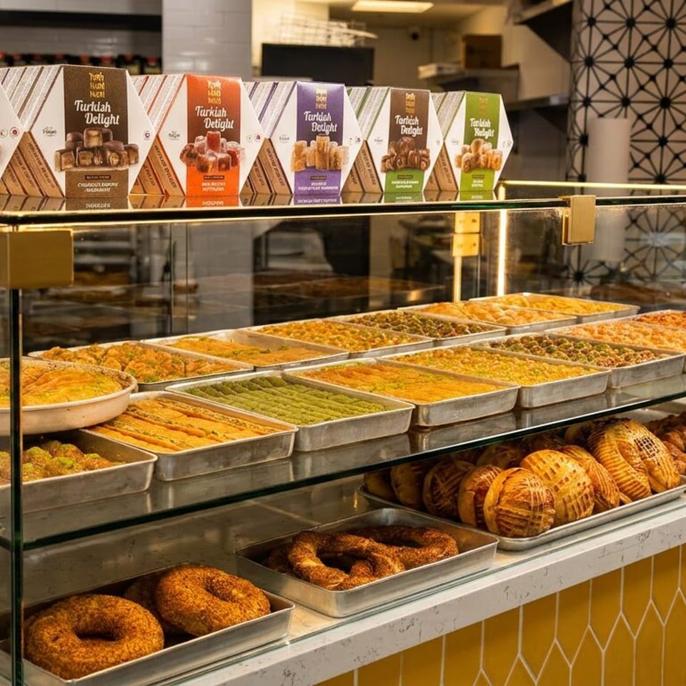 A display case filled with various Turkish delights, baklava, and pastries, with Turkish Delight boxes on top.