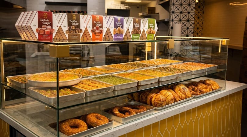 A display case filled with various Turkish delights, baklava, and pastries, with Turkish Delight boxes on top.