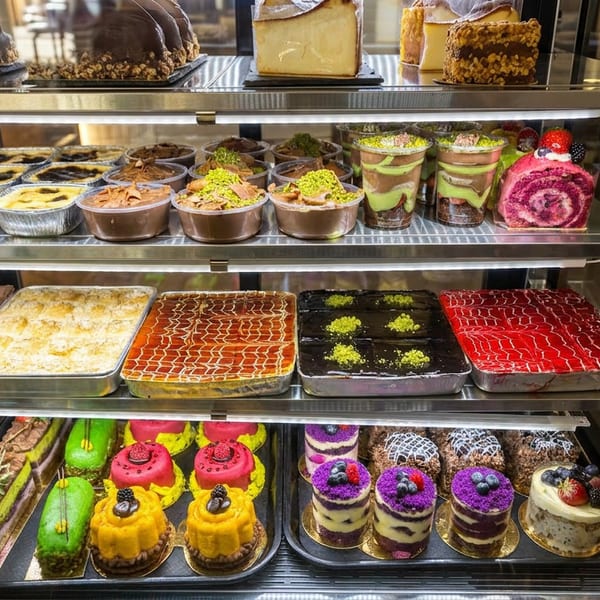 A brightly lit display case filled with various desserts, including cakes, puddings, and pastries.