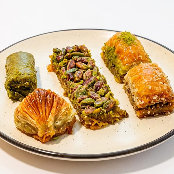A plate of five different types of baklava, including pistachio and walnut varieties.