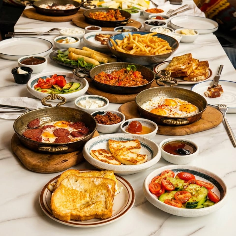 A table laden with a variety of Turkish breakfast dishes, including eggs, cheeses, and salads.