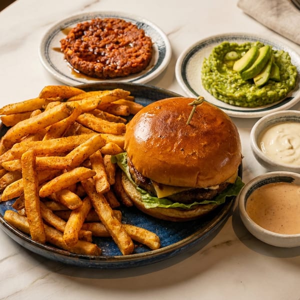 A burger and fries with two dipping sauces, mashed avocado, and a chili dish on a marble table.