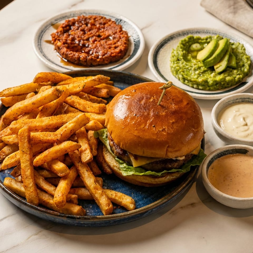 A burger and fries with two dipping sauces, mashed avocado, and a chili dish on a marble table.