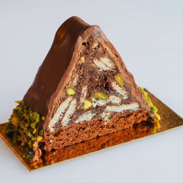 Triangular chocolate cake with biscuit layers, pistachios, and chocolate glaze on a gold base.